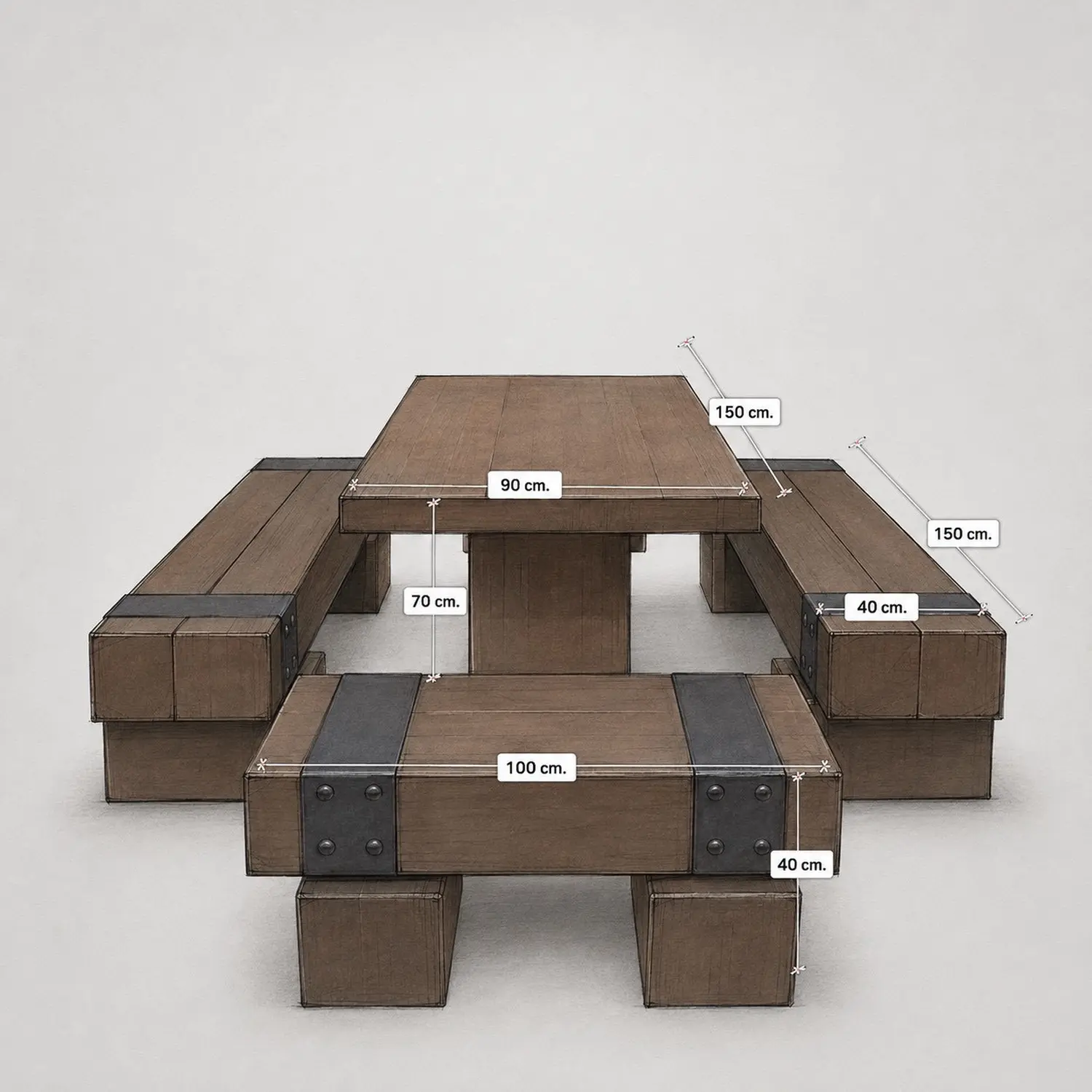 ชุดโต๊ะสนามไม้หมอนปูนซีเมนต์เสริมเหล็ก รุ่นคลาสสิก ขนาด 150 × 90 ซม. รองรับ 8–10 ที่นั่ง