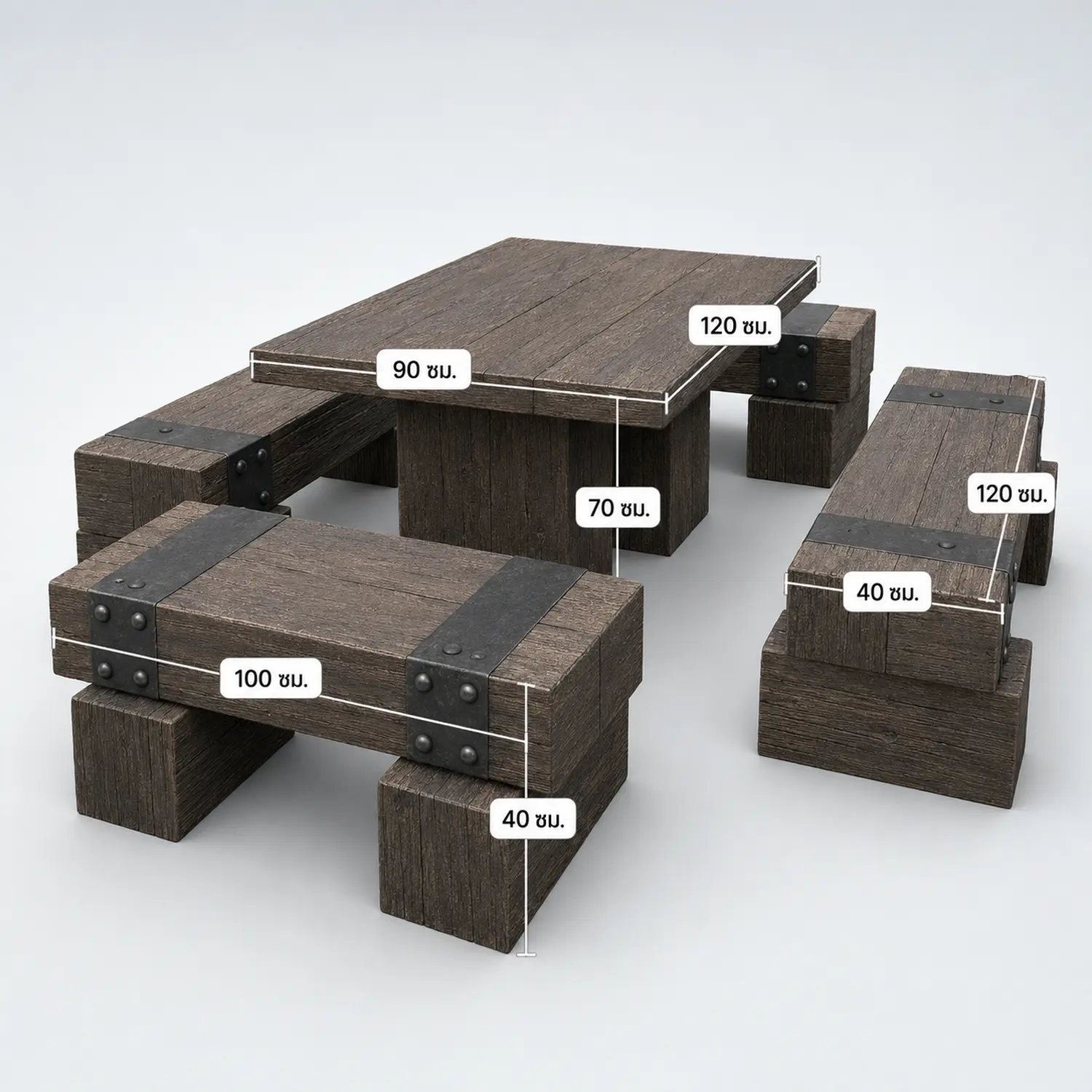 ชุดโต๊ะสนามไม้หมอน รุ่นคลาสสิก ขนาด 120 × 90 ซม. รองรับ 6–8 ที่นั่ง