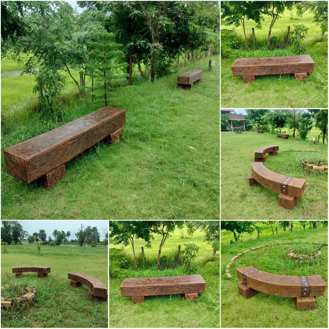 ม้านั่งสนามไม้หมอนทรงโค้งหลายชุด สำหรับพื้นที่สีเขียวกลางแจ้งภายในสวน