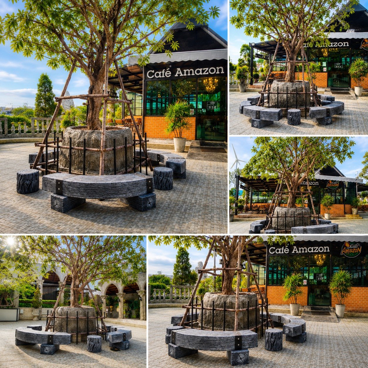 ม้านั่งสนามล้อมรอบต้นไม้ พื้นที่นั่งพักกลางแจ้ง Café Amazon จังหวัดสุรินทร์