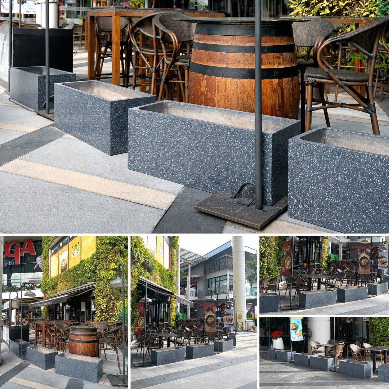 ผลงานจัดส่งกระถางปูนโมเดิร์นทรงสี่เหลี่ยม จำนวน 20 ใบ ขนาด 40 × 100 × 40 เซนติเมตร สำหรับร้าน Wine Connection ภายในศูนย์การค้าเมกาบางนา จังหวัดสมุทรปราการ