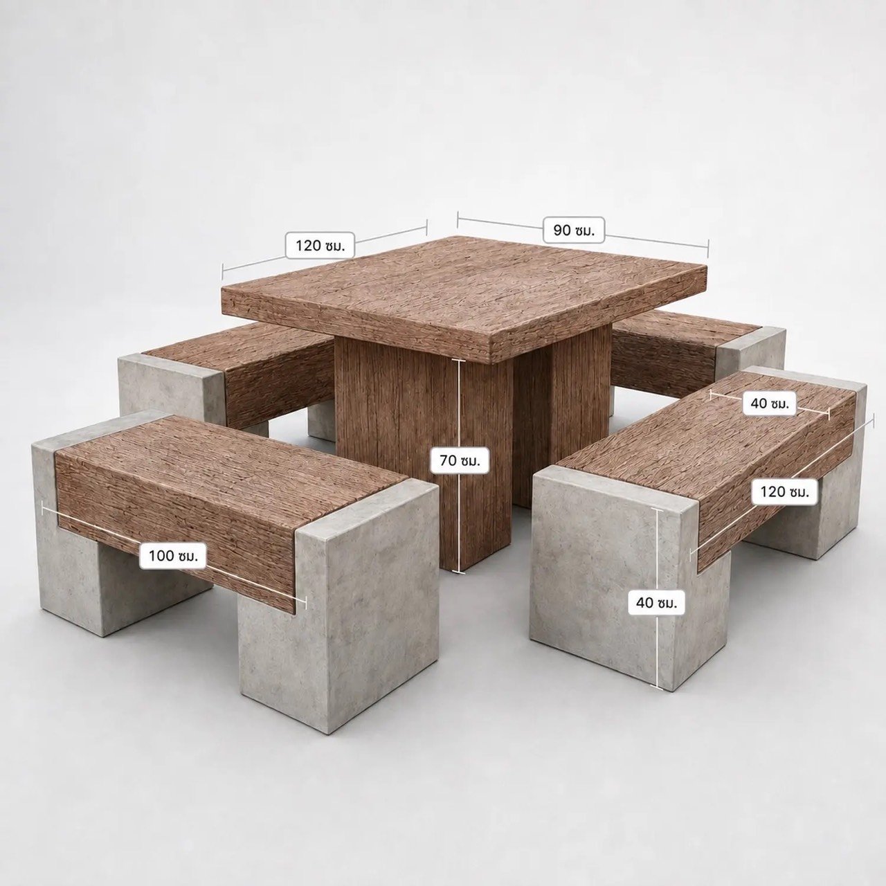 ชุดโต๊ะสนามไม้หมอนปูนซีเมนต์เสริมเหล็ก รุ่นโมเดิร์น ขนาด 120 × 90 ซม. รองรับ 6–8 ที่นั่ง
