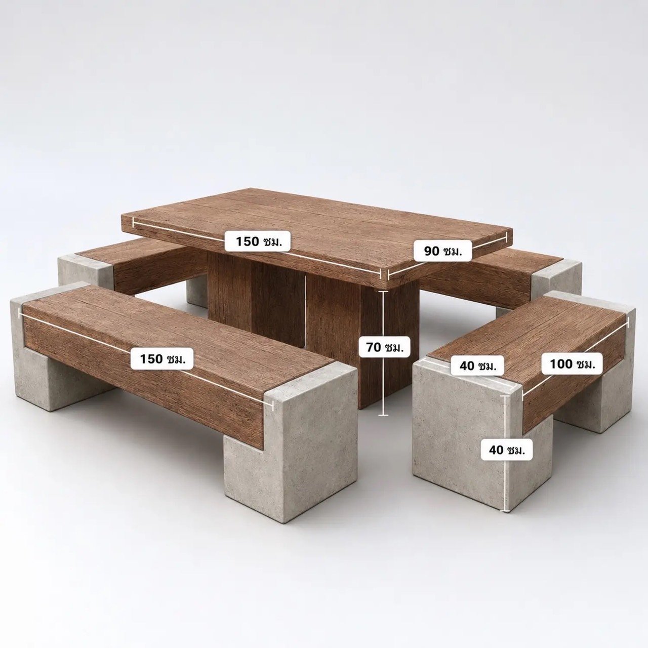 ชุดโต๊ะสนามไม้หมอนปูนซีเมนต์เสริมเหล็ก รุ่นโมเดิร์น ขนาด 150 × 90 ซม. รองรับ 8–10 ที่นั่ง