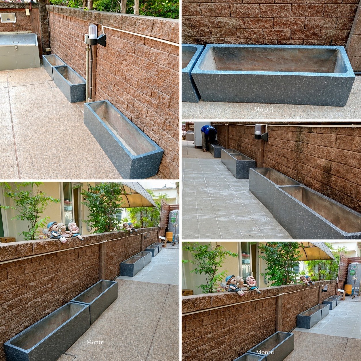 กระถางปูนโมเดิร์นลายแกรนิต ขนาด 30 × 100 × 30 ซม. วางเรียงหลายใบตามแนวกำแพงบ้านพักส่วนตัว