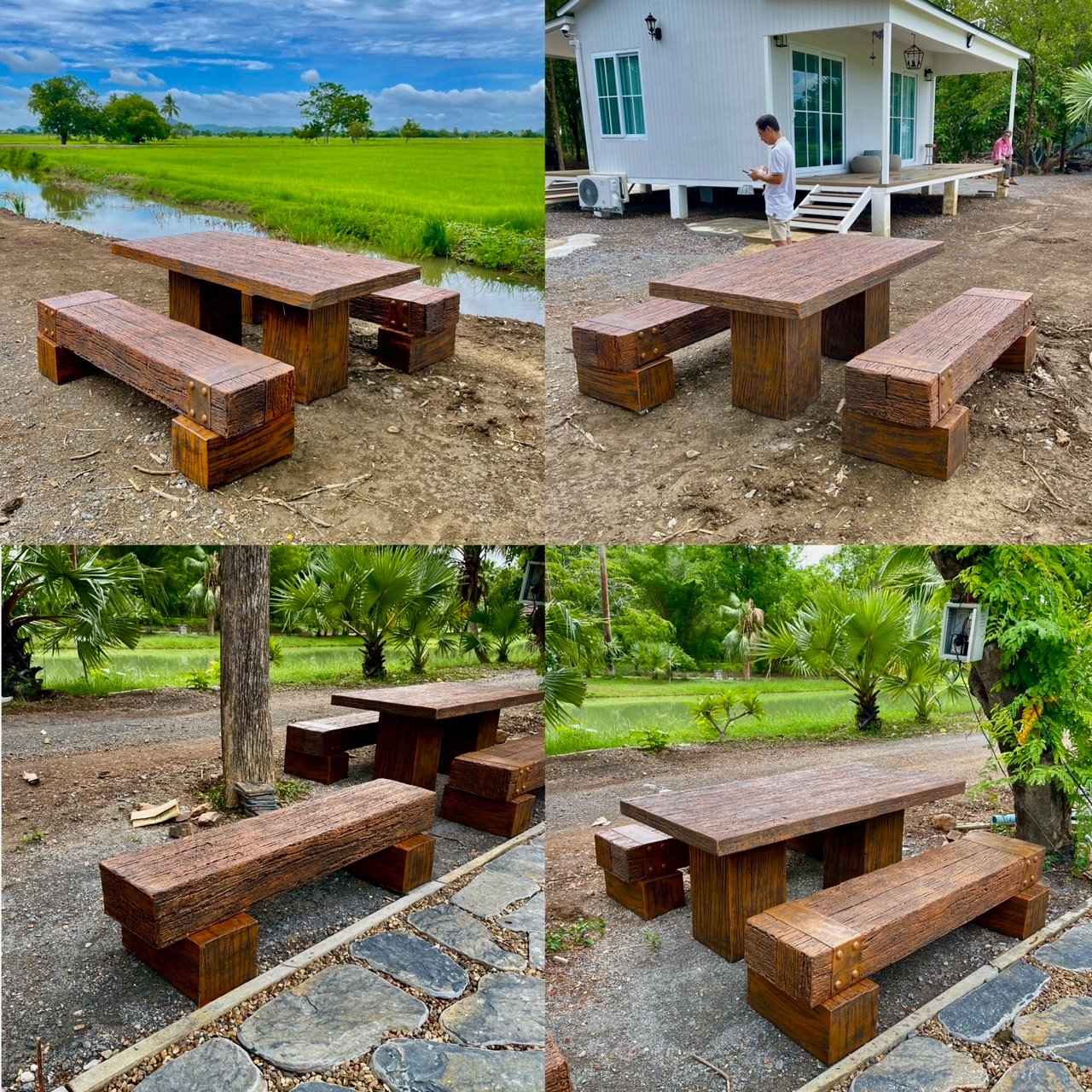ชุดโต๊ะสนามไม้หมอนสไตล์โมเดิร์น หลายชุด ผลงานจัดส่งจังหวัดกาญจนบุรี
