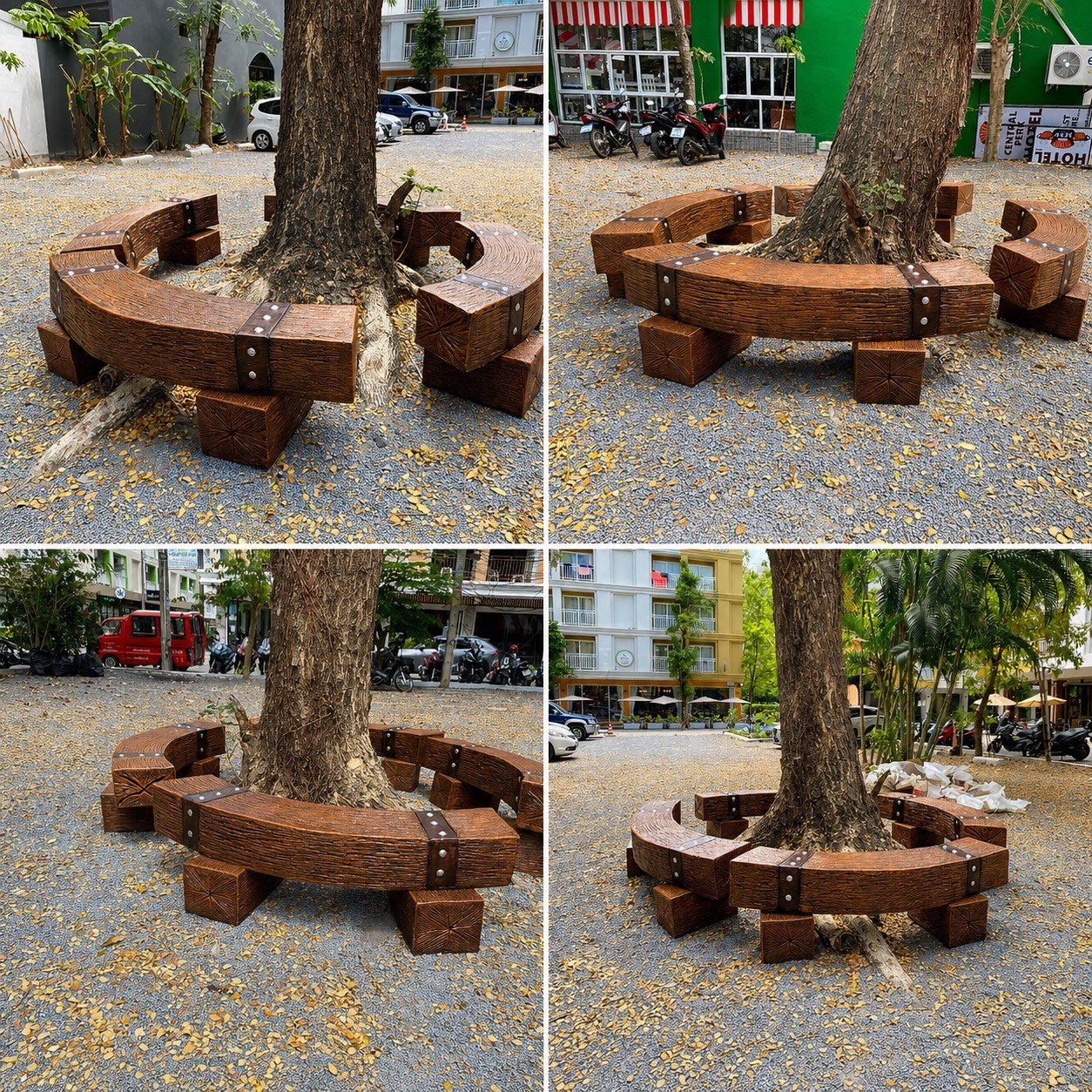 ม้านั่งสนามล้อมรอบต้นไม้ ติดตั้งในลานส่วนกลางและพื้นที่กลางแจ้งของอาคารที่พัก
