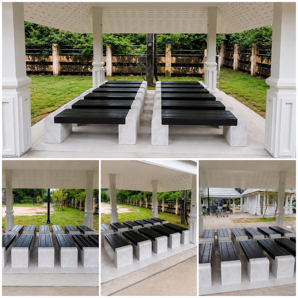 ผลงานติดตั้งม้านั่งสนามคอนกรีตเสริมเหล็ก ยาว 150 เซนติเมตร จำนวน 42 ชุด พื้นที่ส่วนกลางของโครงการ