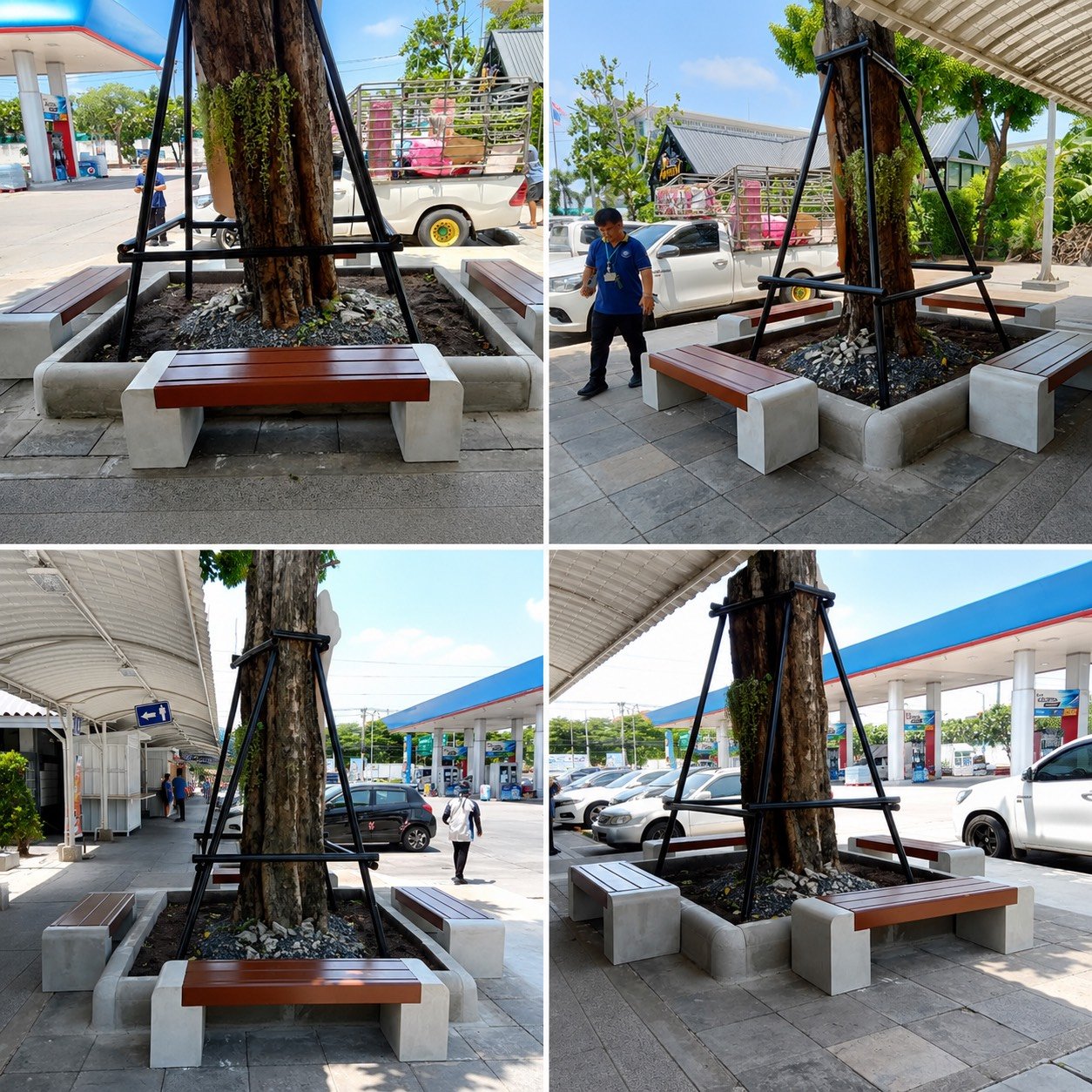 ม้านั่งสนามคอนกรีตเสริมเหล็ก ขนาด 40 × 150 × 40 ซม. บริเวณพื้นที่พักผ่อนรอบต้นไม้ภายในสถานีบริการน้ำมัน PTT