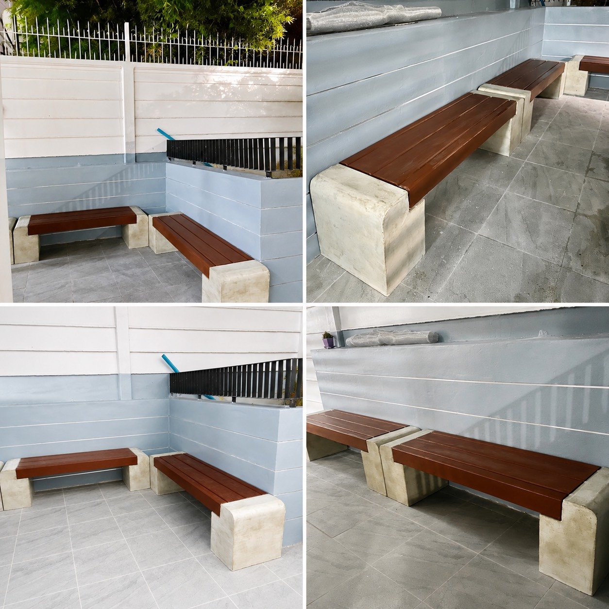 ม้านั่งสนามคอนกรีตเสริมเหล็ก ขนาด 40x150x40 ซม. หลายตัว สำหรับพื้นที่นั่งพักกึ่งกลางแจ้งและพื้นที่ส่วนกลาง