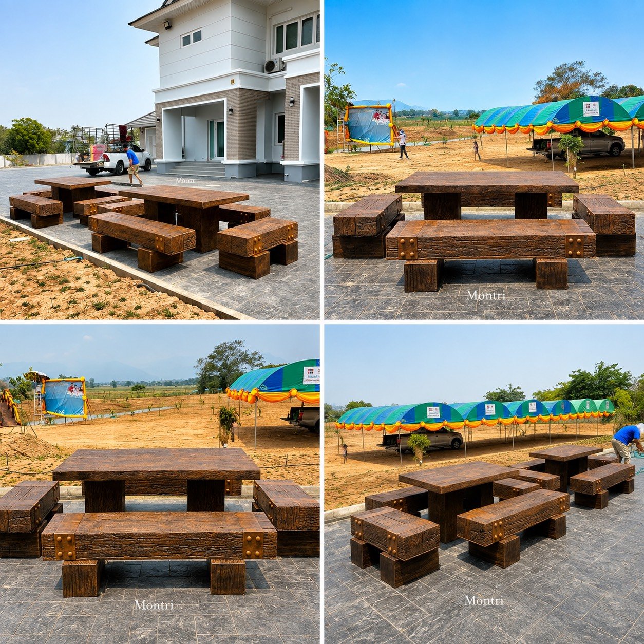 ชุดโต๊ะสนามไม้หมอน ขนาด 180x90 ซม. รองรับ 10–12 ท่าน พร้อมม้านั่งสนามหลายชุด สำหรับพื้นที่ส่วนกลางและลานกิจกรรม