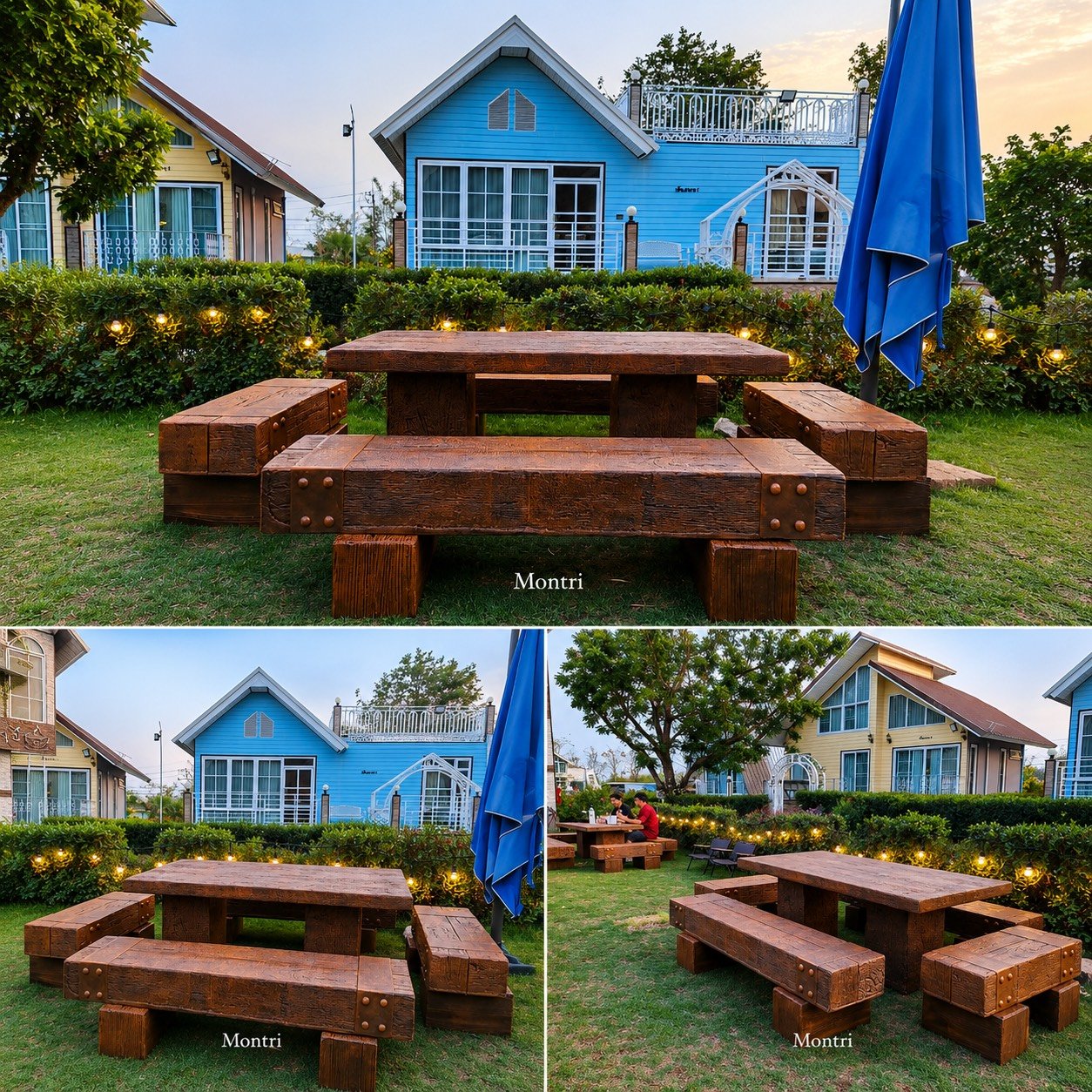 ชุดโต๊ะสนามไม้หมอน ขนาด 180x90 ซม. รองรับ 10–12 ท่าน สำหรับพื้นที่ส่วนกลางโรงแรมและรีสอร์ต