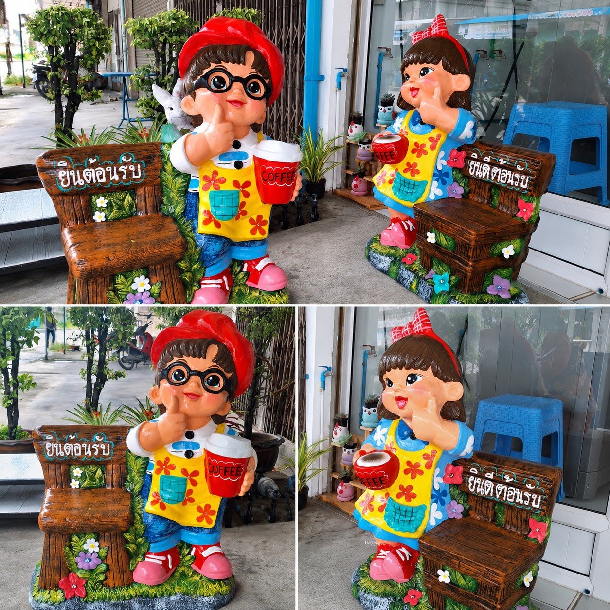 ตุ๊กตาปูนปั้นเด็กถือแก้วกาแฟ รุ่นยินดีต้อนรับ สำหรับร้านกาแฟ คาเฟ่ และร้านอาหาร