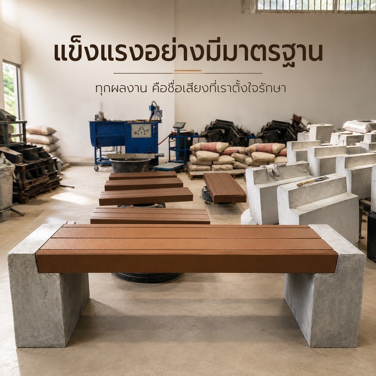 การผลิตม้านั่งสนามคอนกรีตเสริมเหล็กภายในโรงงานตามมาตรฐาน